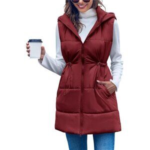Women's Quilted Puffer Vest Hooded Sleeveless Long Jacket Zip Up Coat